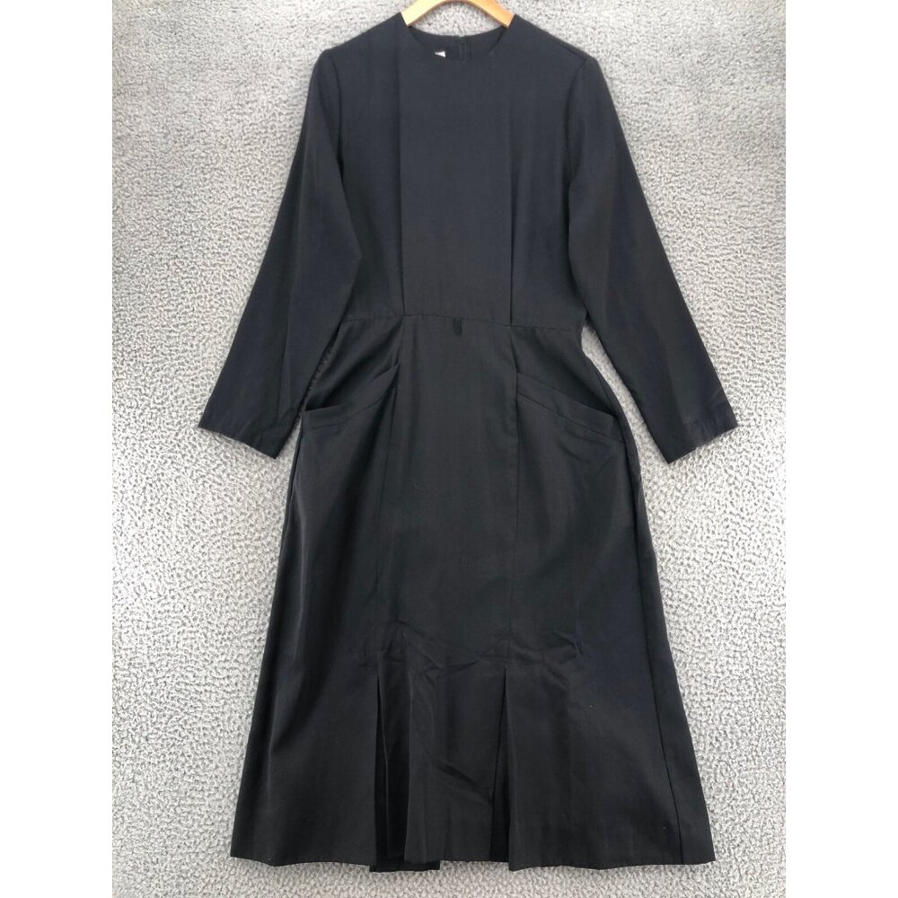 Vintage Jerrie Lurie Dress Women 12 Black Sheath Long Sleeve Modest Midi Pocket*